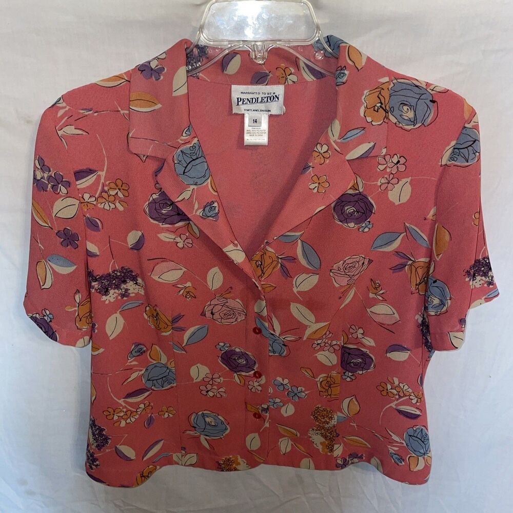 Pendleton Women’s Dressy Blouse Size 14 Salmon Pink Floral Going Out Party